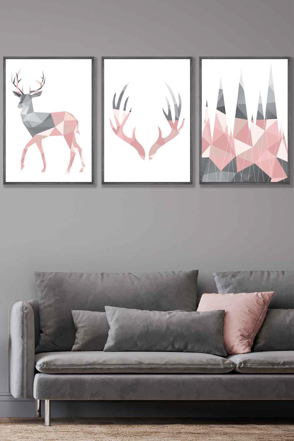 Geometric Blush Pink Grey Stags Set Framed Wall Art - Large